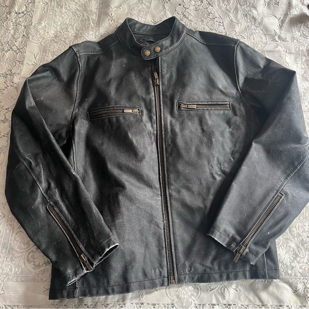 Wilson’s Leather Motorcycle Jacket Faded Black Distressed Full Zip Moto Large - Picture 3 of 12